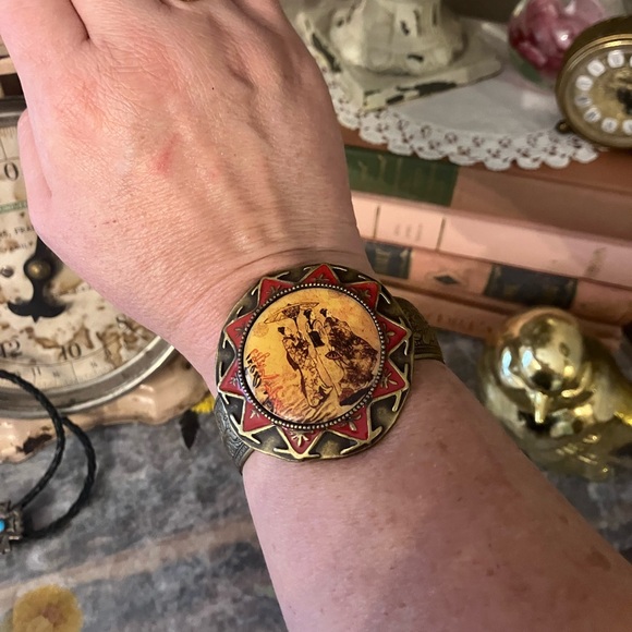 Vintage Antique? Brass Porcelain Asian Cuff Bracelet Floral etching Geisha Boho - Picture 10 of 10